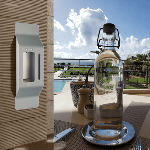 on Wall Water Dispenser for Hospitality with Custom Glass Bottles