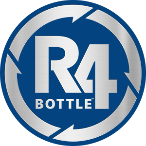 R4 Bottle Logo: Blue Circle with Silver Recycling Arrows Around and the Text 'r4 Bottle' in the Center.