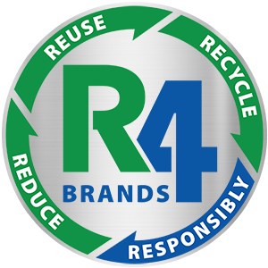 Logo of R4 Brands: Circular Emblem with Green and Blue Arrows Reading Reuse, Recycle, Reduce, Responsibly.