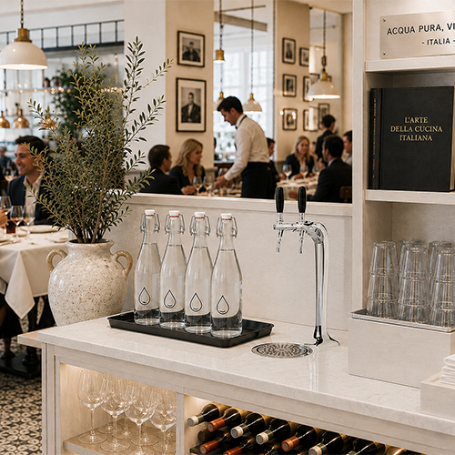 Restaurant Bar Counter with Five Glass Water Bottles on a Tray, a Chrome Tap, and a Wine Rack Below; Potted Plant Nearby.